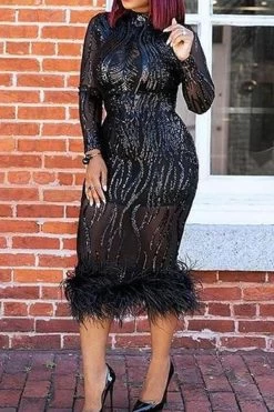Sequined Elegant See-Through Midi Dress