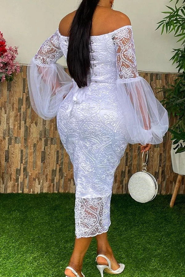 Lace Elegant Off Shoulder Midi Dress - Image 2