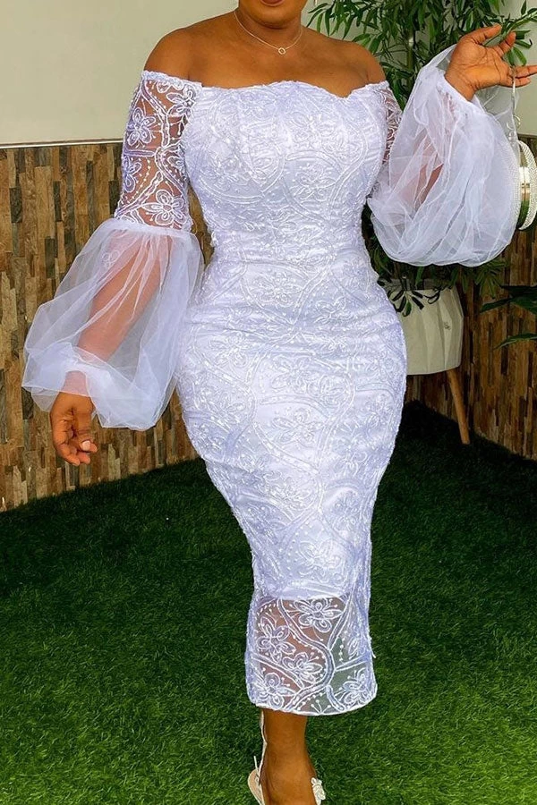 Lace Elegant Off Shoulder Midi Dress - Image 3