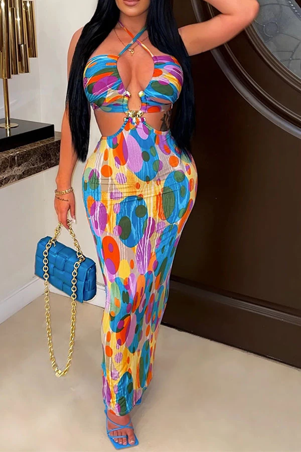 Polka Dot Colorful Cutout Waist Maxi Dress