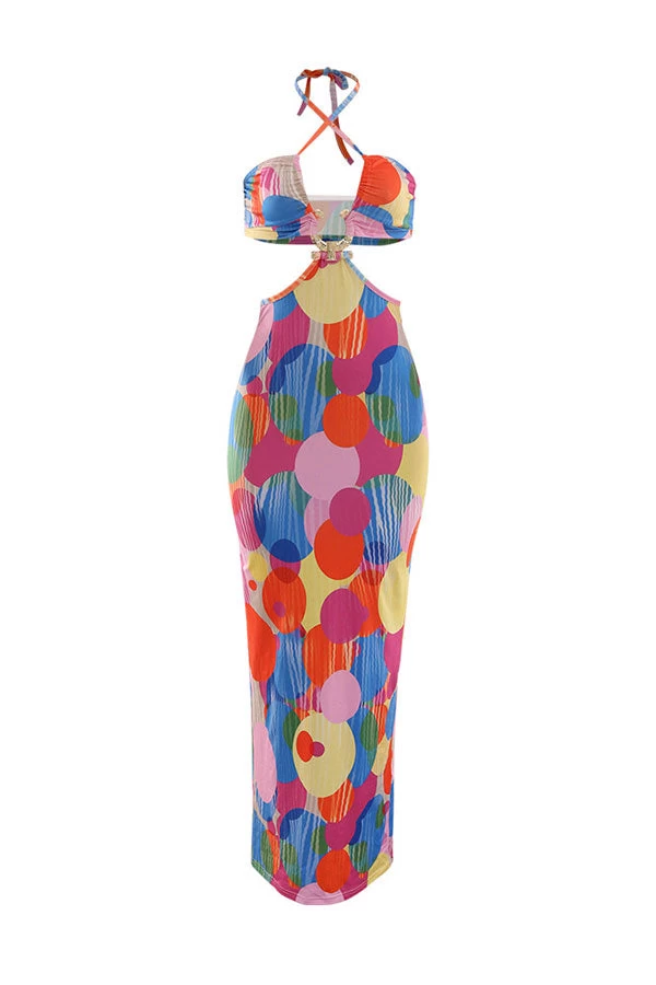 Polka Dot Colorful Cutout Waist Maxi Dress - Image 3