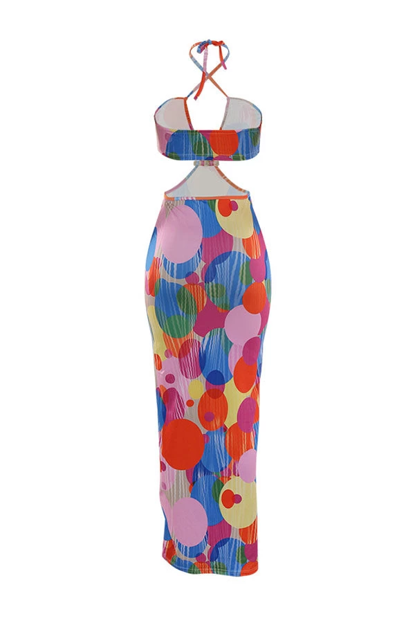 Polka Dot Colorful Cutout Waist Maxi Dress - Image 4
