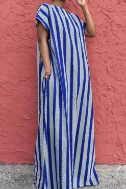 Color Block Striped Simple Backless Maxi Dress