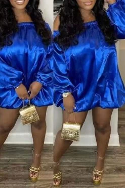 Solid Color Off Shoulder Cute Bubble Mini Dress