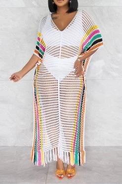 Color Block Crochet Beachy Side Split Tassel Hem Beachwear