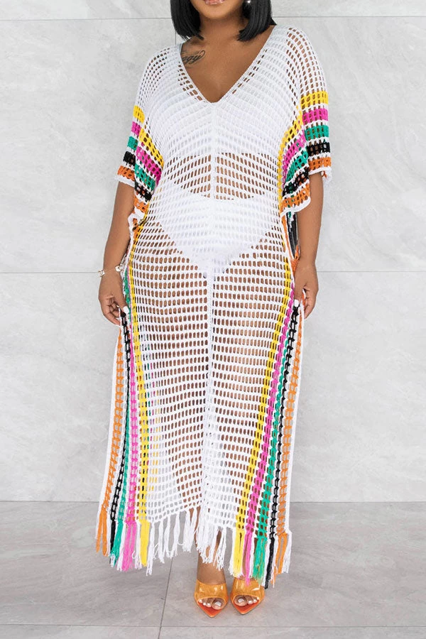 Color Block Crochet Beachy Side Split Tassel Hem Beachwear - Image 2