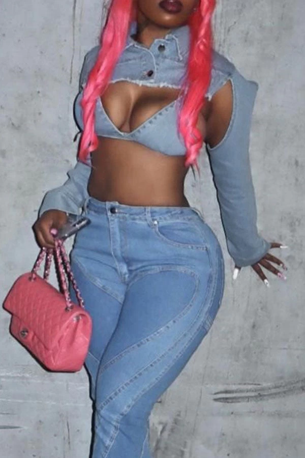 Solid Color Unique Irregular Denim Jacket - Image 3