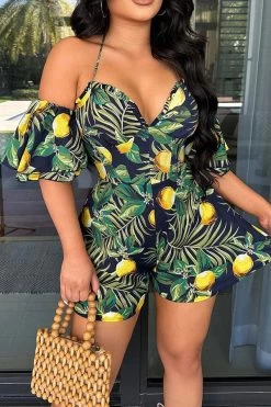 Floral Print Tropical Halter Collar Ruffle Romper