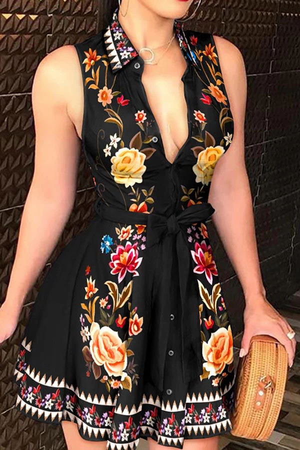 Floral Print Urban Belted Pleated Mini Dress
