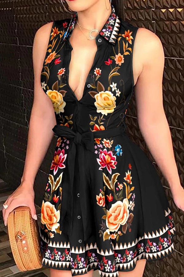 Floral Print Urban Belted Pleated Mini Dress - Image 2