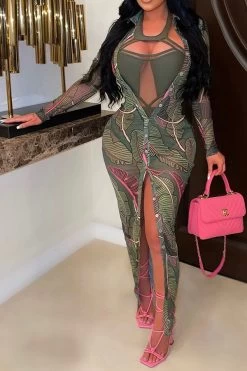 Leaf Print Boyish Single Breasted See-Through Maxi Dress