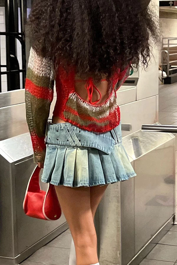 Buckled Design Urban Pleated Denim Skirt - Image 4