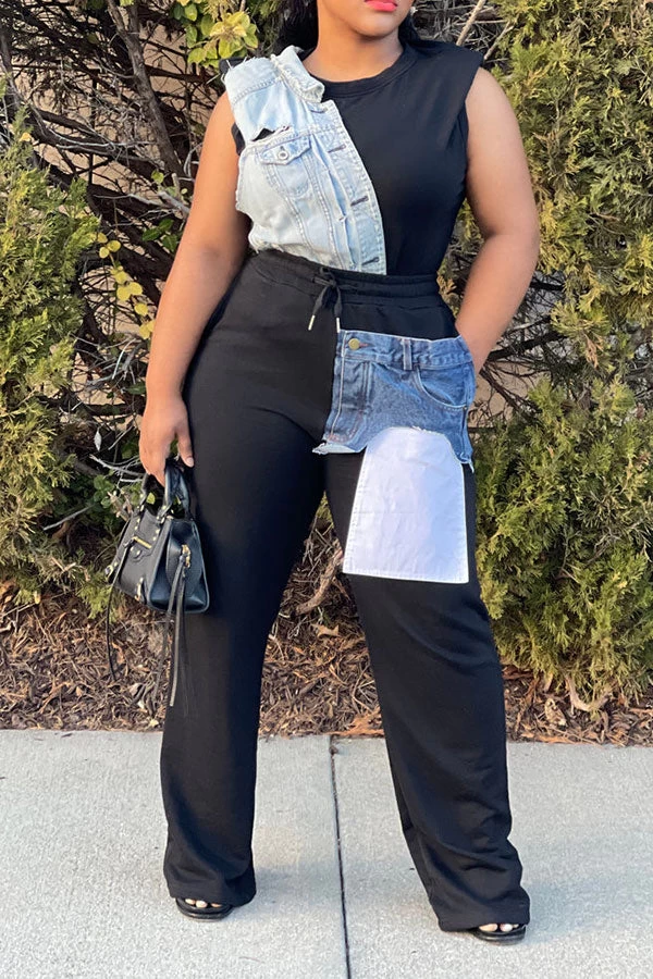 Denim Pocket Patchwork Stylish Drawstring Pants - Image 4