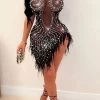 Rhinestone Party See-Through Irregular Feather Hem Mini Dress