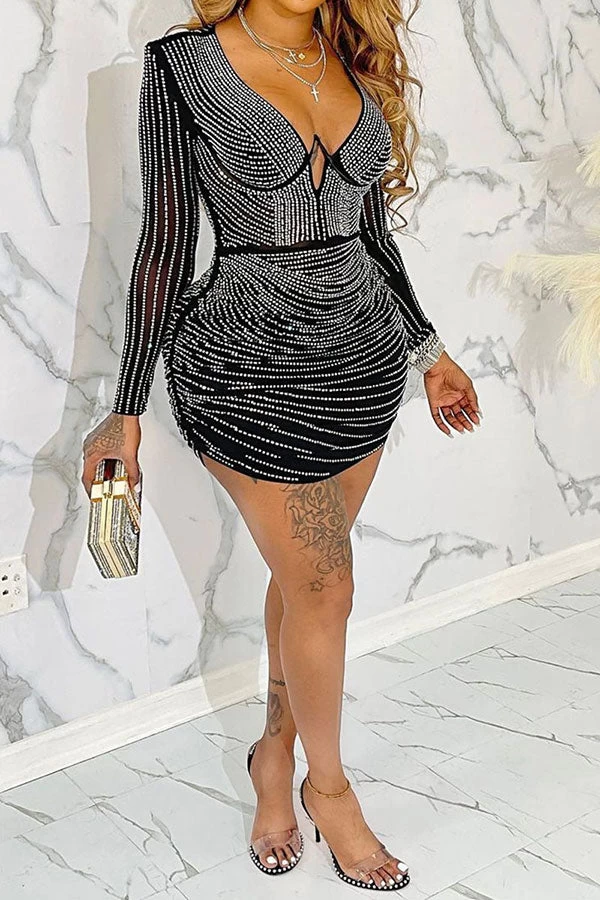 Rhinestone Sparkly See-Through Mini Dress - Image 3