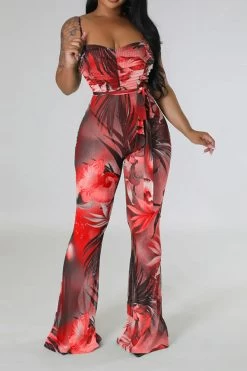 Floral Print Romantic Belted Bell Bottoms Jumpsuit