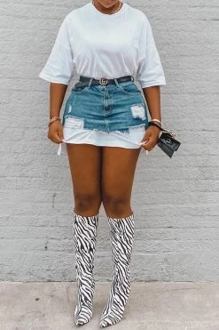 Color Block Smart Ripped Denim Dress Suit