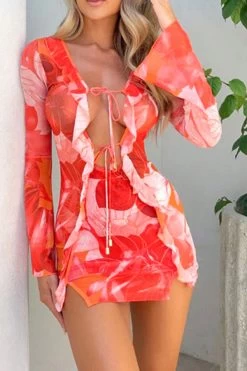 Floral Print Flattering Ruffle Lace-Up Mini Dress