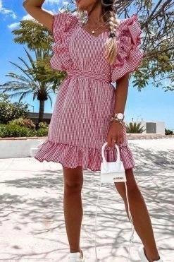 Striped Sweet Ruffle Tie Back Mini Dress