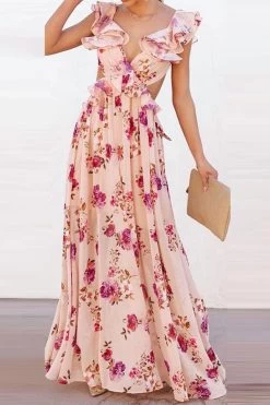 Floral Print Elegant Ruffle Tie Back Maxi Dress