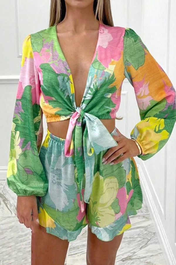 Floral Print Cute Tie Front Pant Suit - Image 7