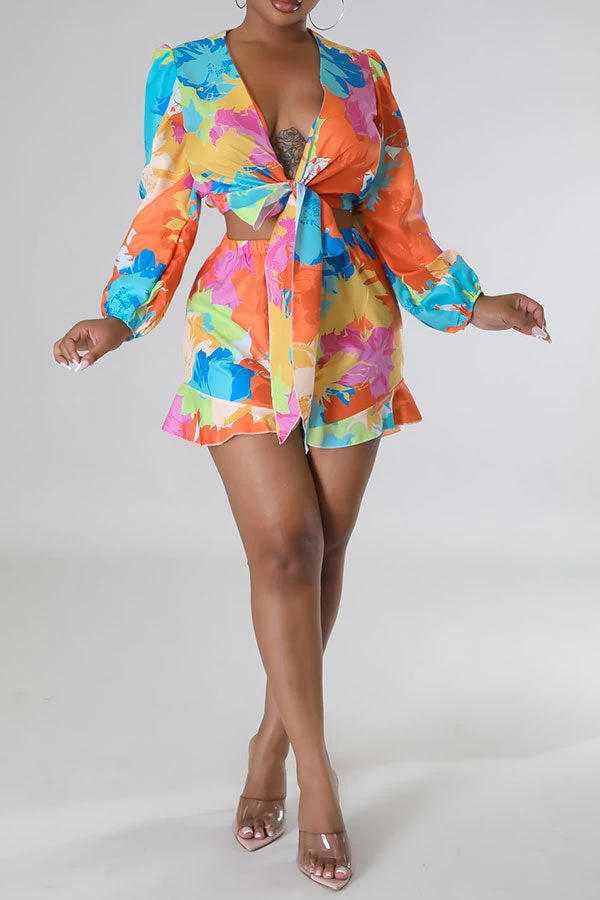 Floral Print Cute Tie Front Pant Suit - Image 3