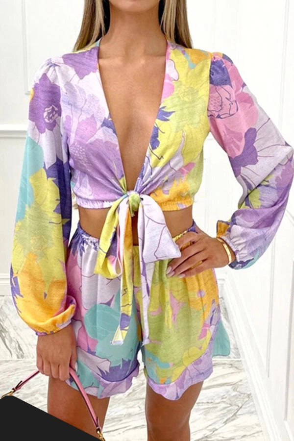 Floral Print Cute Tie Front Pant Suit - Image 12