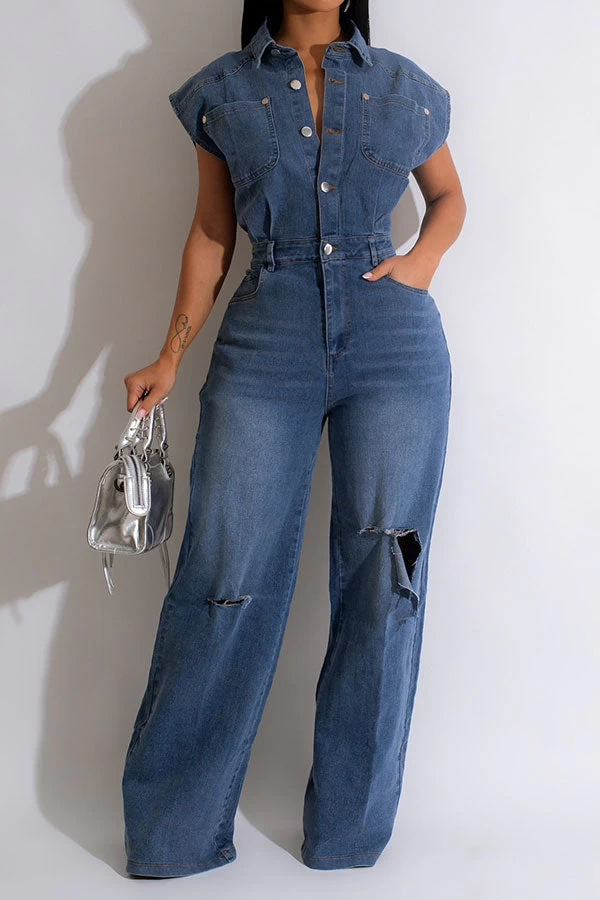 Ripped Retro Wide Leg Denim Jumpsuit