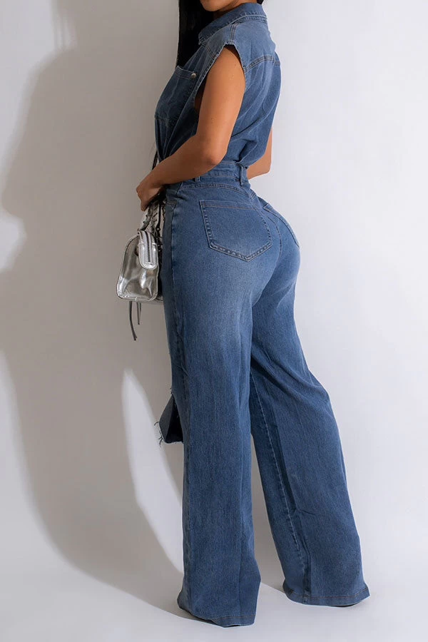 Ripped Retro Wide Leg Denim Jumpsuit - Image 2