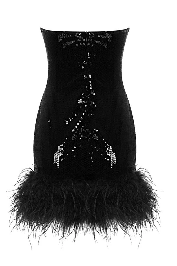 Sequined Glamorous Feather Hem Mini Dress - Image 5