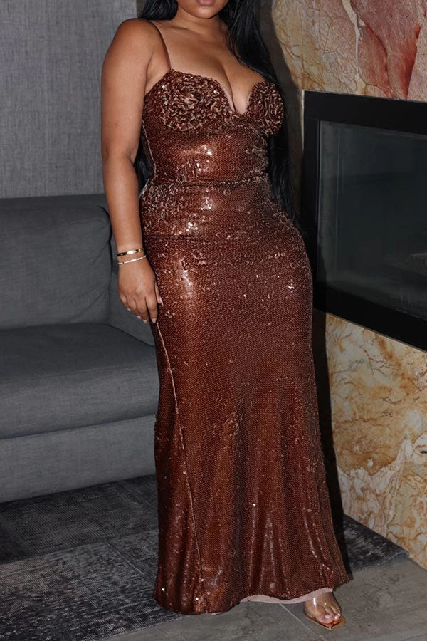 3D Flower Decor Sequined Stunning Split Back Maxi Dress