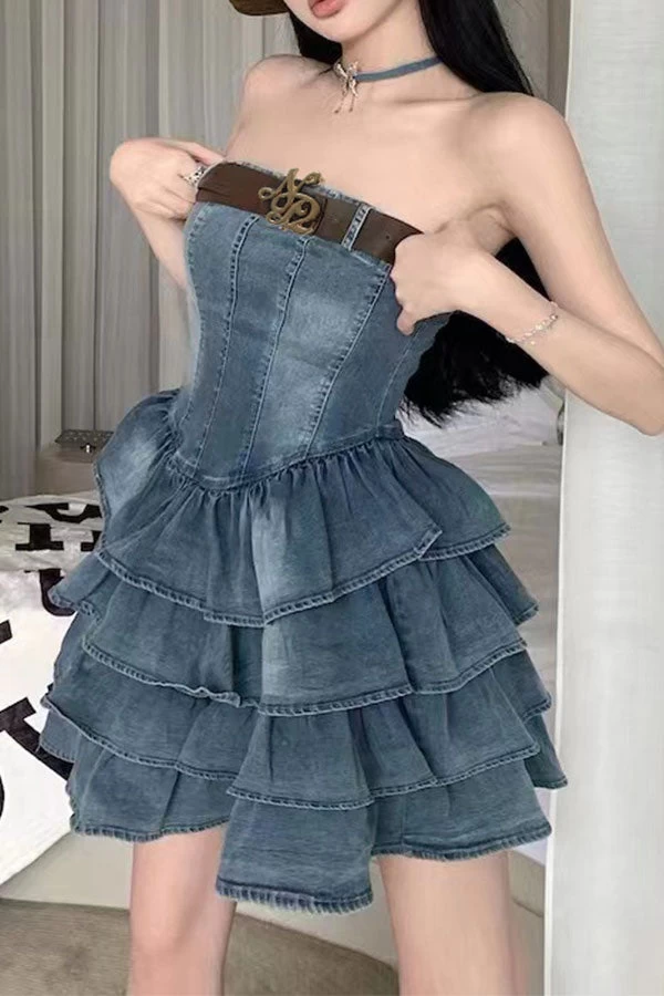 Gradient Girly Belted Tiered Ruffle Denim Mini Dress