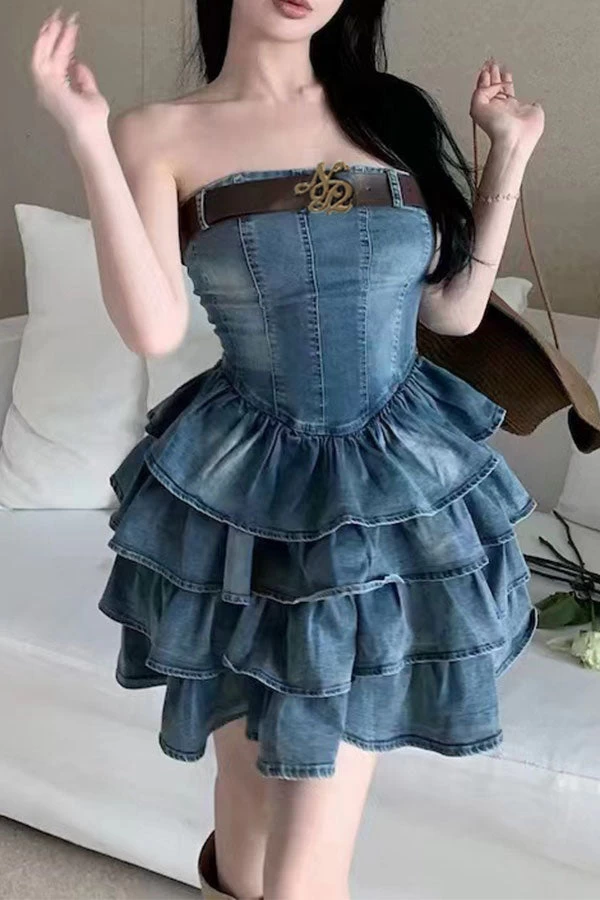 Gradient Girly Belted Tiered Ruffle Denim Mini Dress - Image 2