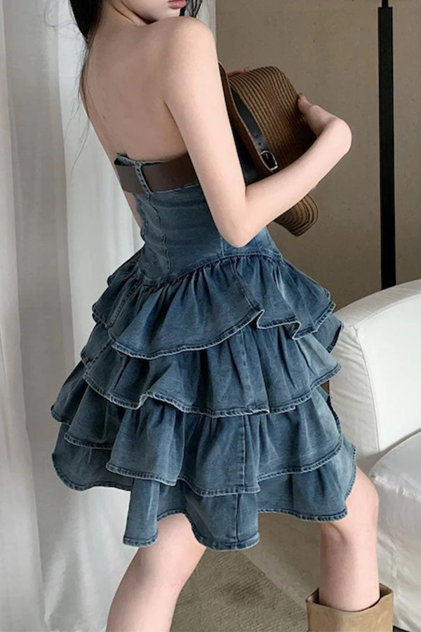 Gradient Girly Belted Tiered Ruffle Denim Mini Dress - Image 3