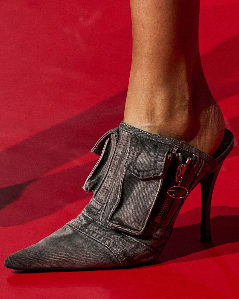 Patchwork Modern Pointed Toe Denim Heels - Image 8