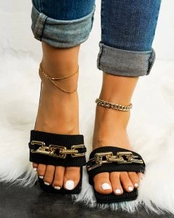 Metal Chain Decor On-trend Flat Slippers