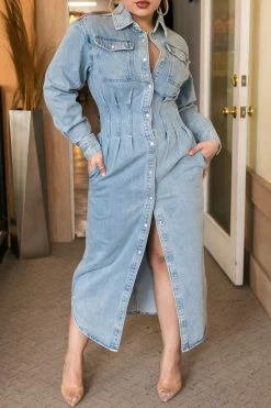 Solid Color Urban Single Breasted Denim Midi Dress