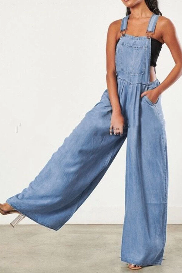 Solid Color Suspenders Relaxed Wide Leg Jumpsuit - Image 2