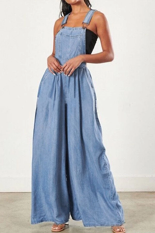 Solid Color Suspenders Relaxed Wide Leg Jumpsuit - Image 3