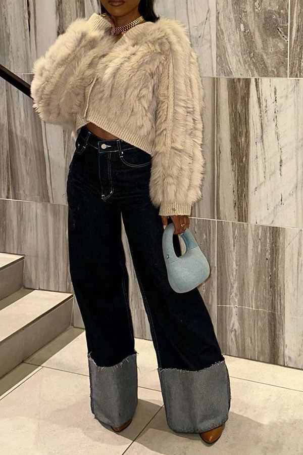 Patchwork Feminine Fold Over Jeans - Image 2