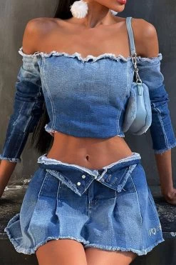 Gradient Girly Off Shoulder Denim Blouse