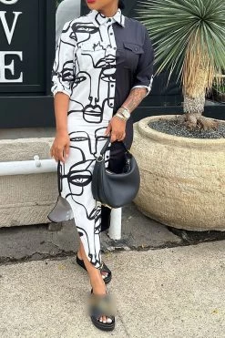Abstract Face Print Classic Single Breasted Midi Dress