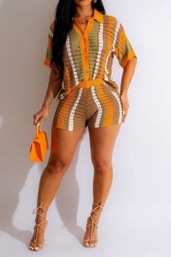 Color Block Hollow-Out Cozy Knitted Pant Suit