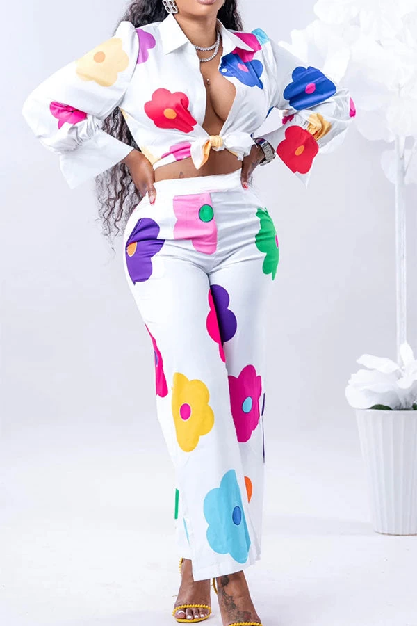 Floral Print Cute Knotted Pant Suit - Image 2