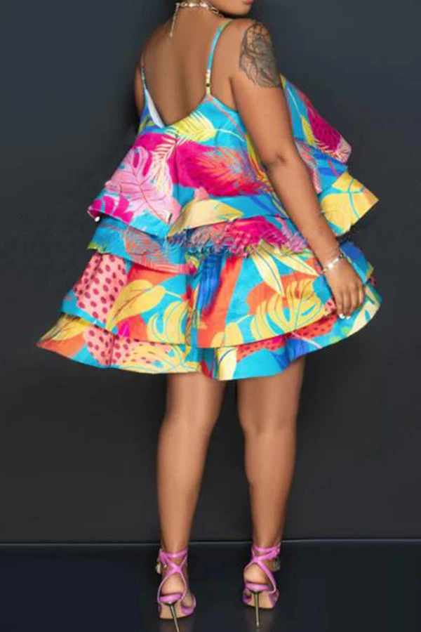 Leaf Print Colorful Tiered Ruffle Mini Dress - Image 4