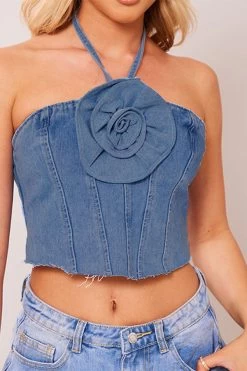 3D Flower Decor Halter Collar Smart Denim Camisole