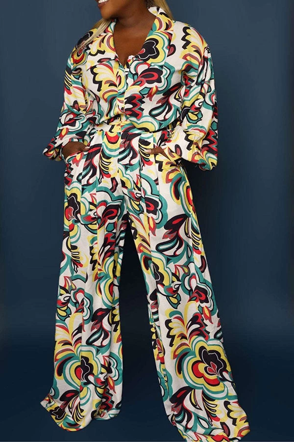 Tribal Floral Print Retro Wide Leg Jumpsuit - Image 2