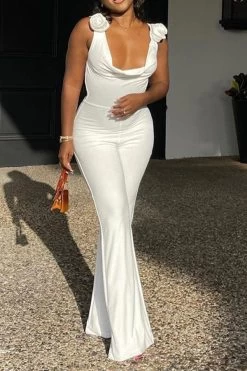 3D Flower Decor Romantic Backless Micro Flared Jumpsuit