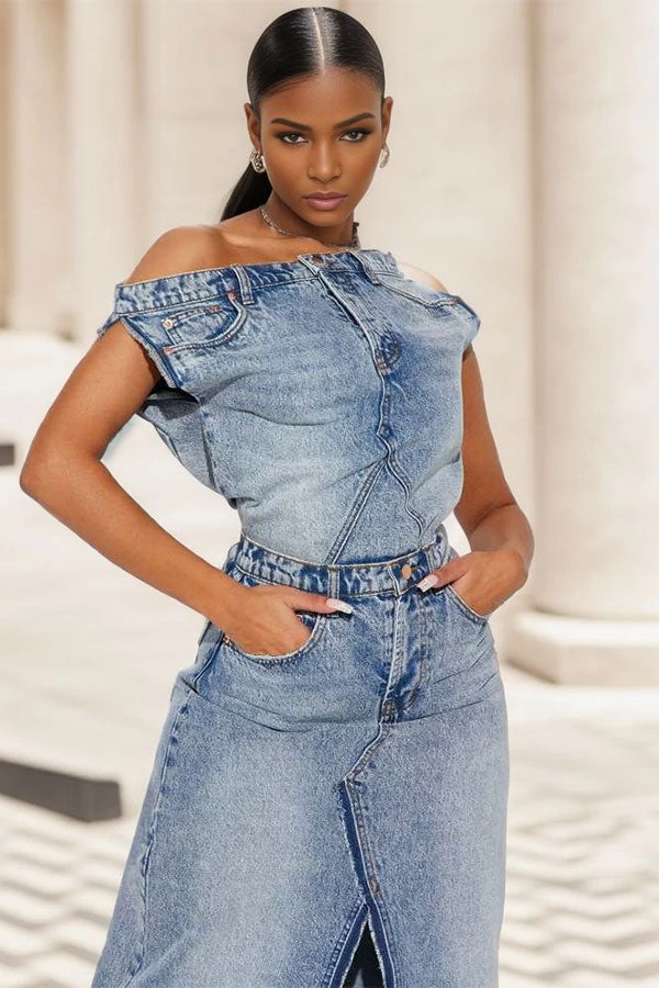 Blue Romantic High Split Slash Neck Dress Suit - Image 2