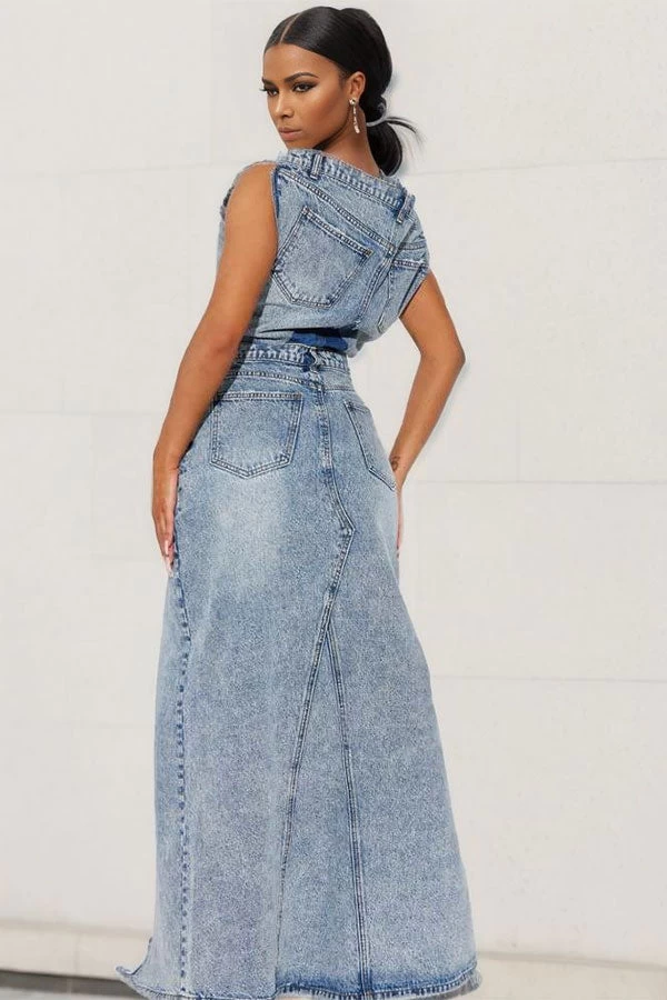 Blue Romantic High Split Slash Neck Dress Suit - Image 3